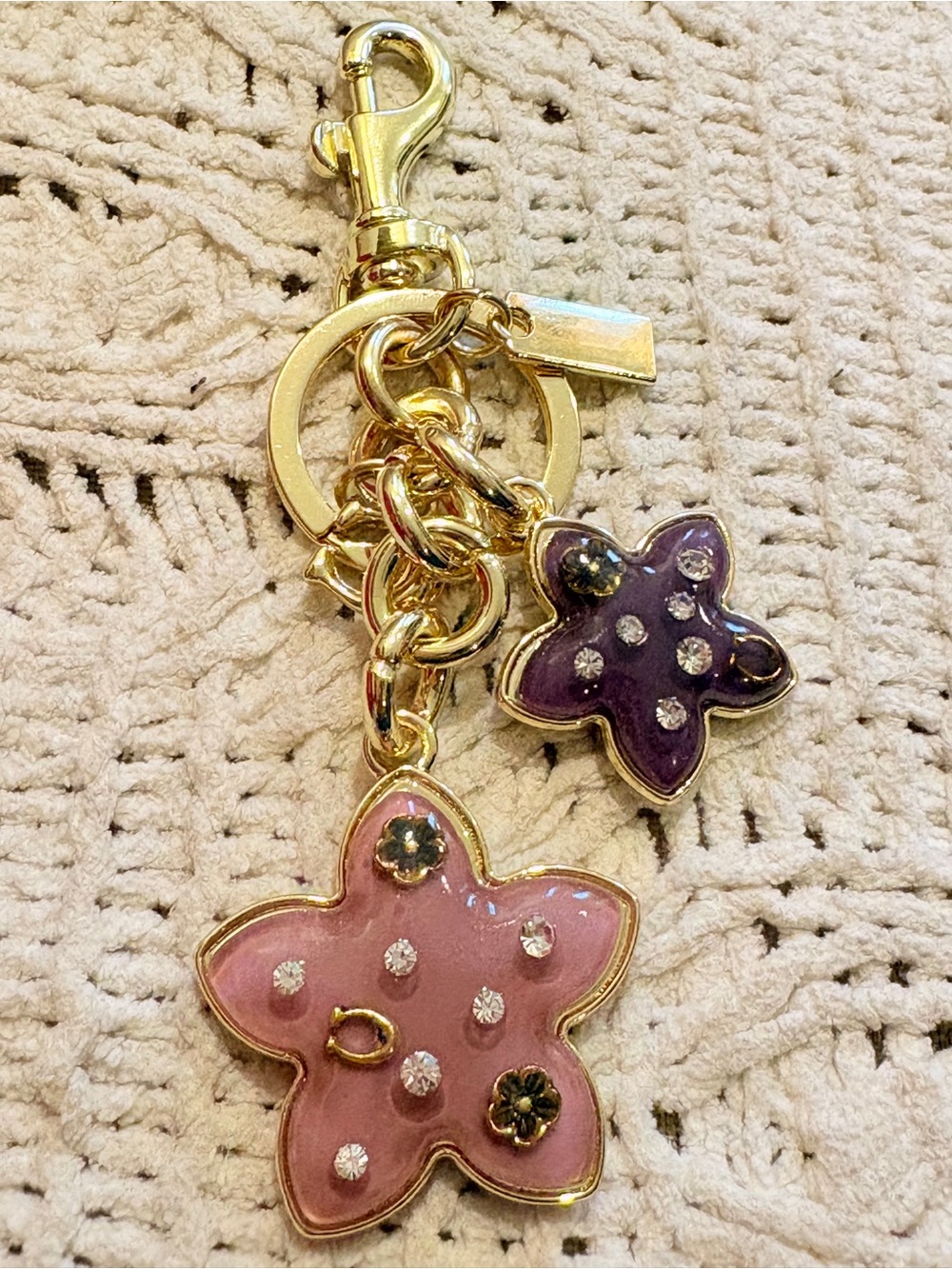 Coach Gold-Tone Pink & Purple Flower Enamel Keychain - Picture 4 of 5